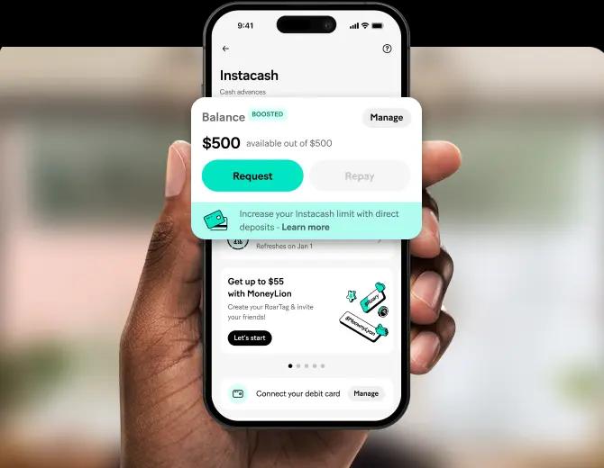 Instacash, same-day cash advance of up to $500 product on a mobile device.